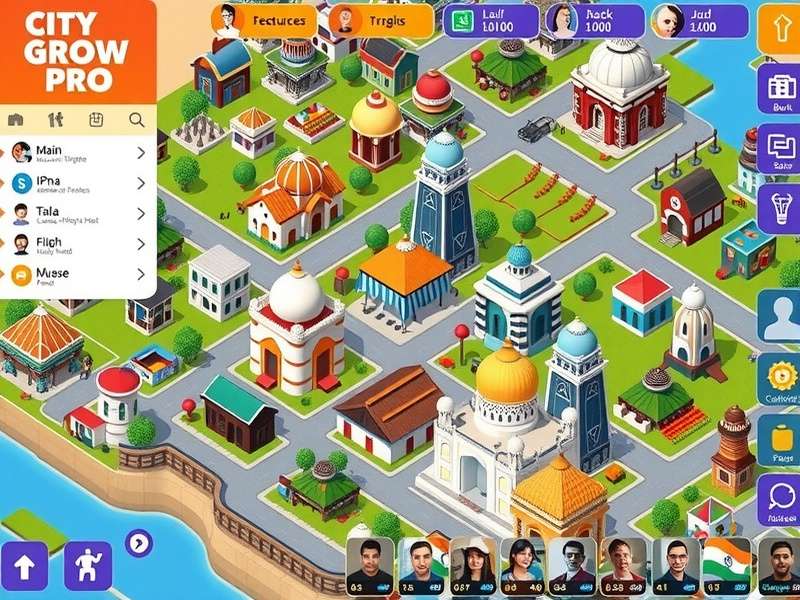 City Grow Pro mid-game city layout showing balanced residential, commercial, and industrial zones with Indian landmarks