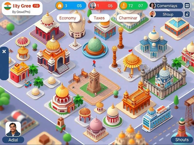 City Grow Pro Main Screen showing a vibrant Indian city with temples, markets, and residential areas