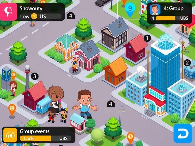 City Grow Pro community screenshot showing player neighborhoods, shoutouts, and group events